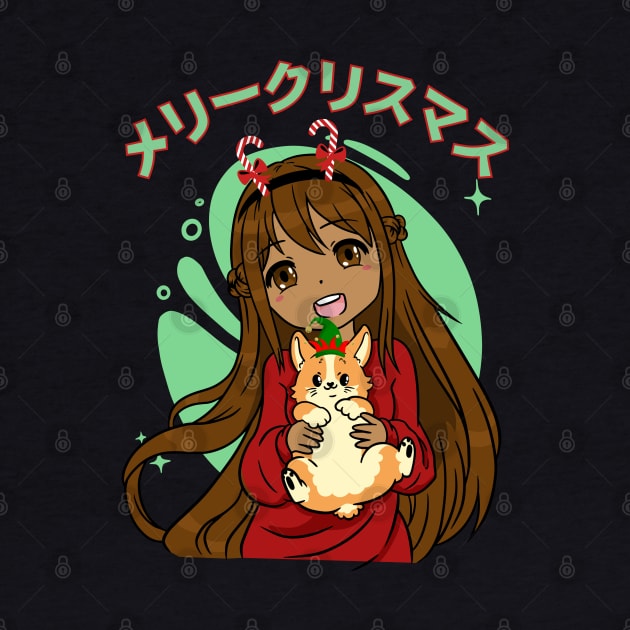 Kawaii Anime Black Girl And Corgi Christmas by Sugoi Otaku Gifts